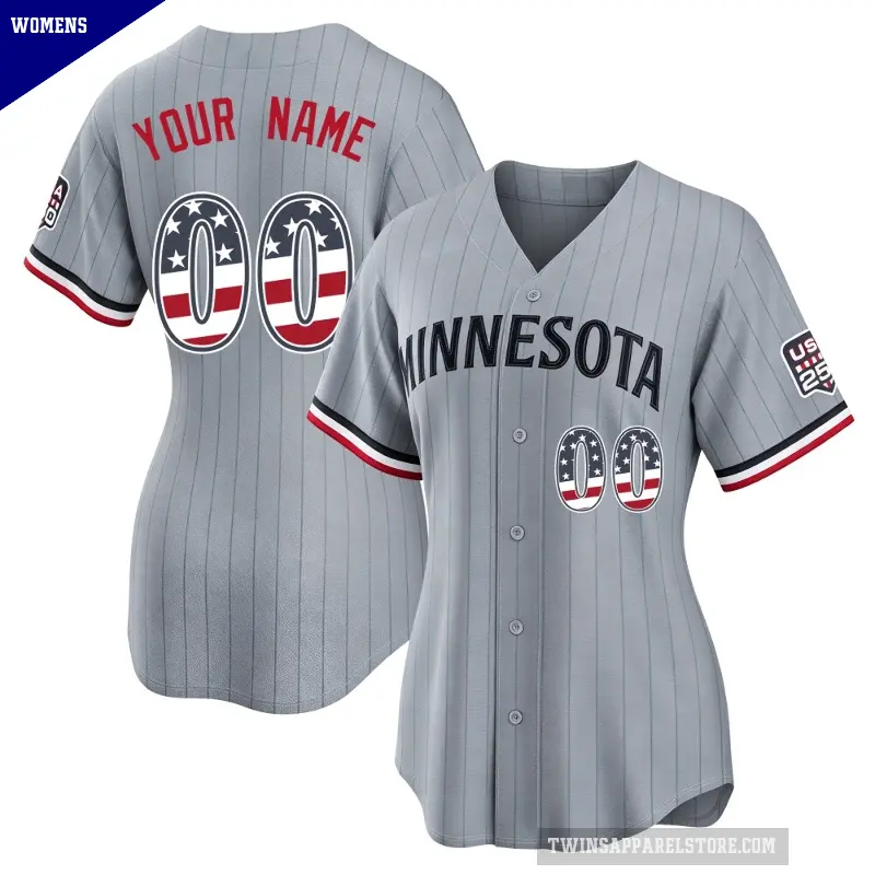Women's No.00 Custom Minnesota Twins Gray Limited USA 250 Fourth Of July Road Stadium Jersey