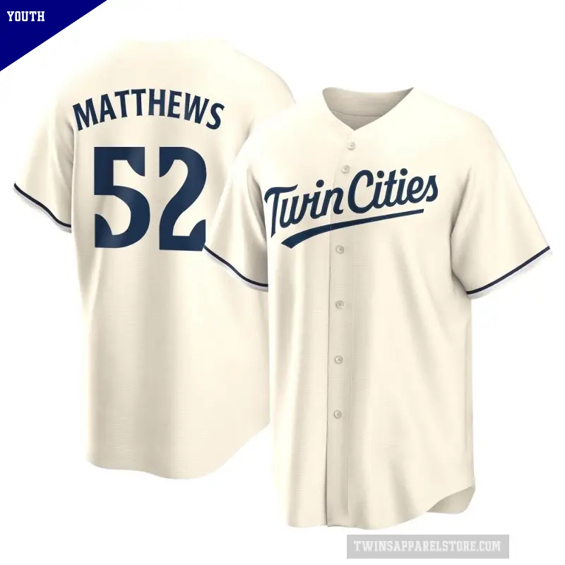 Youth No.52 Zebby Matthews Minnesota Twins Cream Replica Alternate Jersey